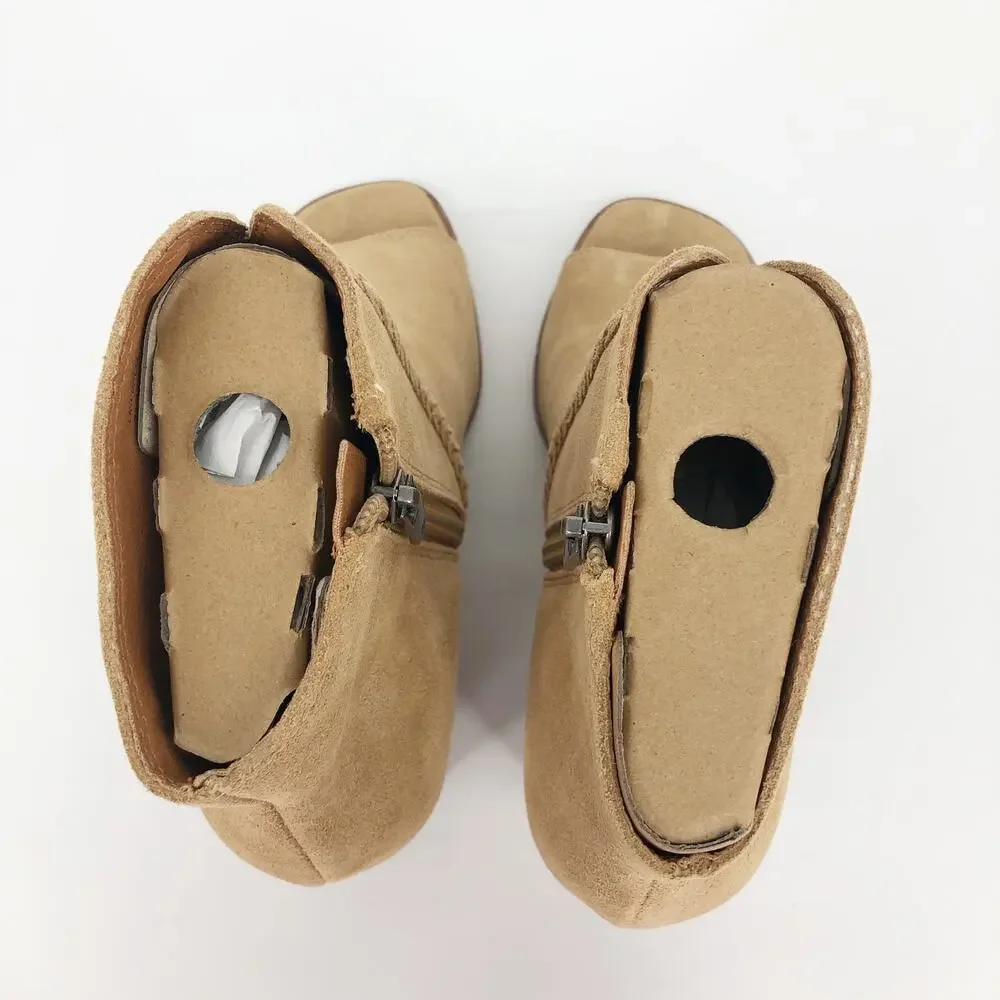 Lucky Brand Womens Lureli Wedge Booties Size 7.5 Tan Peep Toe Suede NWOB